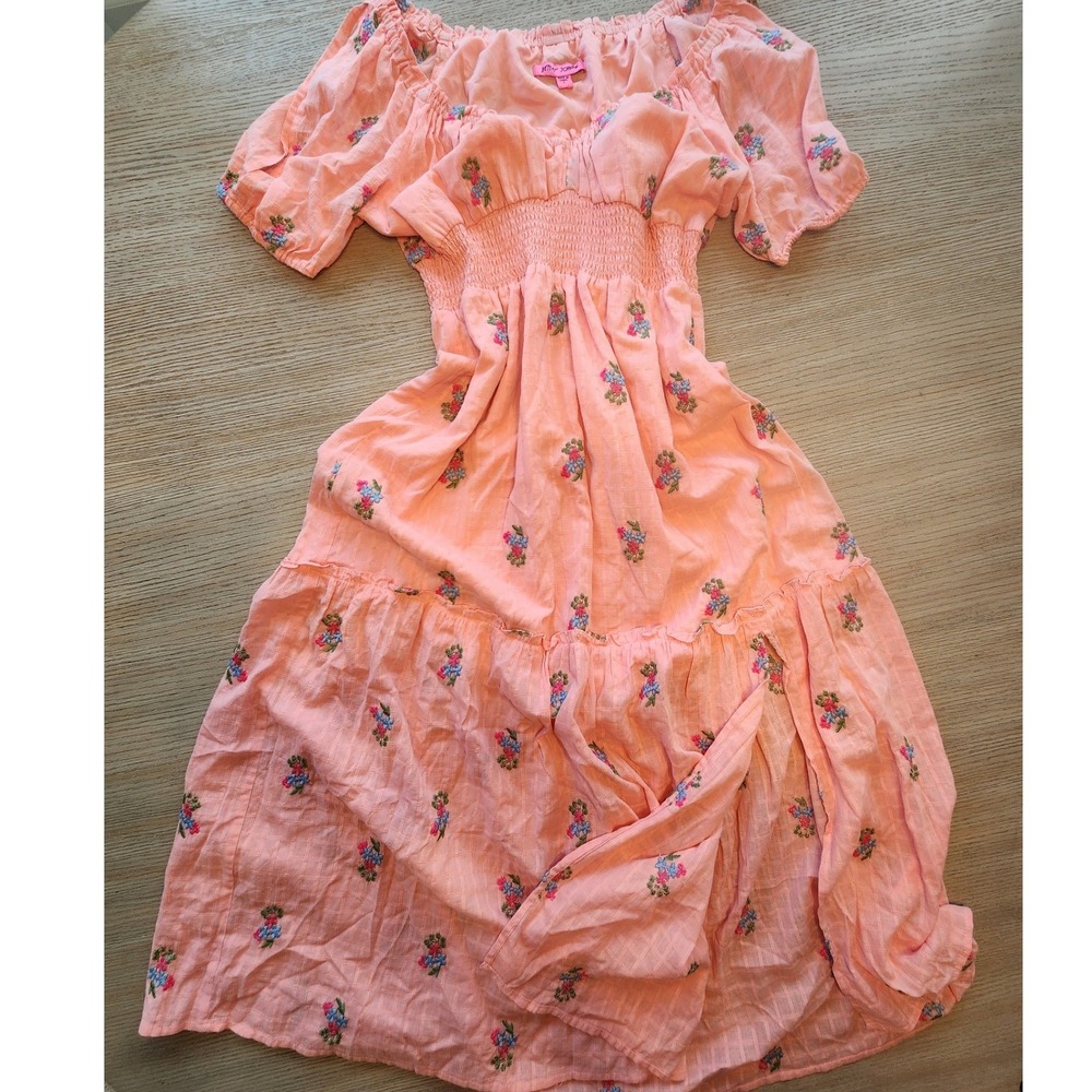 Betsey Johnson Floral Smocked Midi Dress Puff Sleeve. Fairycore BOHO Strech Y2K